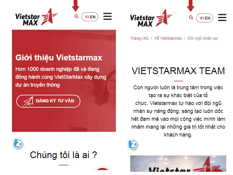 Chức năng tìm kiếm trên website di động cửa Vietstarmax được đặt trên cùng
