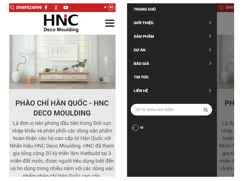 Menu trên trang web di động HNC Asia kiểu đơn giản
